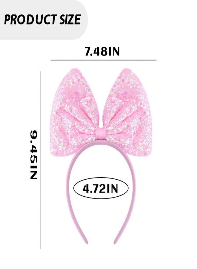 Sdopbinbin Pink Glitter Bow Headband Halloween Headpiece Hairband for Women Girls Pink Sparkly Halloween Hair Accessories for Women Kids Girls Sparkly Bowknot Sequin Head Band Christmas Hair Band for Girls Kids - Image 2